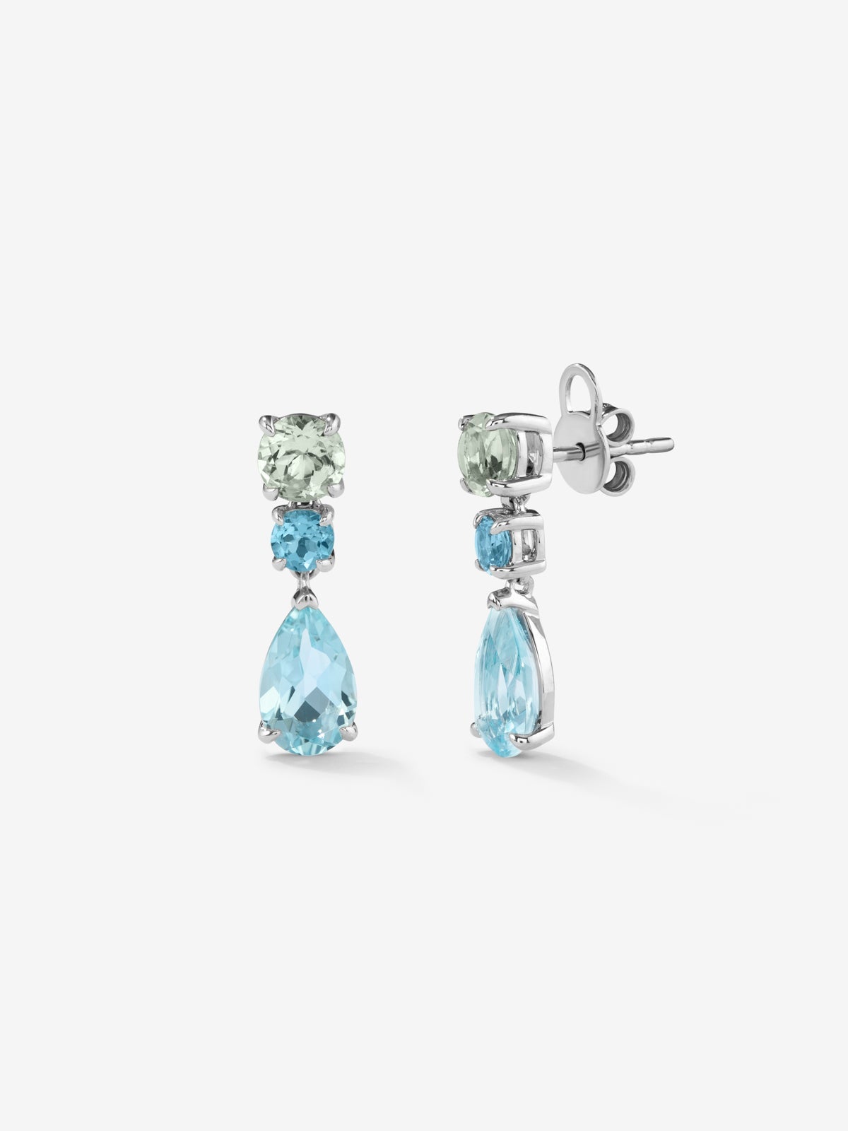 925 silver earrings with pear-cut sky blue topazes of 3.4 cts, brilliant-cut Swiss blue topazes of 0.57 cts and brilliant-cut green amethysts of 1.2 cts