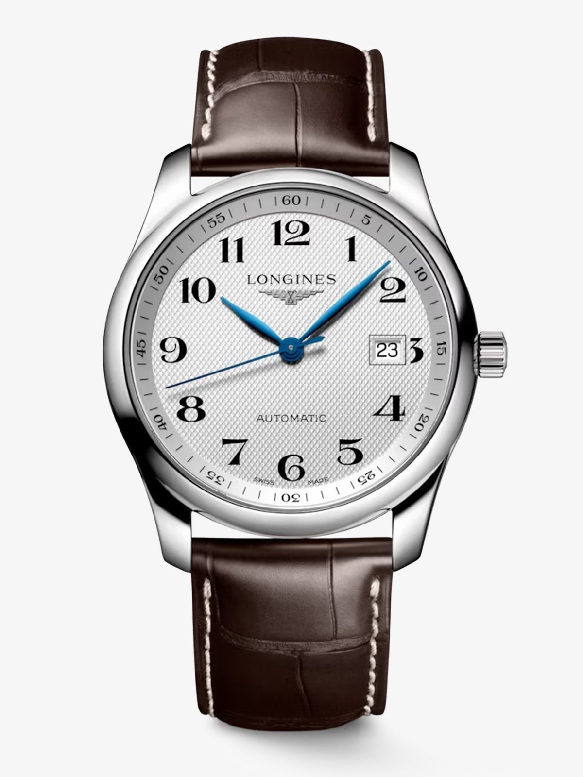 Longines Master stainless steel watch with brown alligator leather strap, sapphire crystal and automatic movement