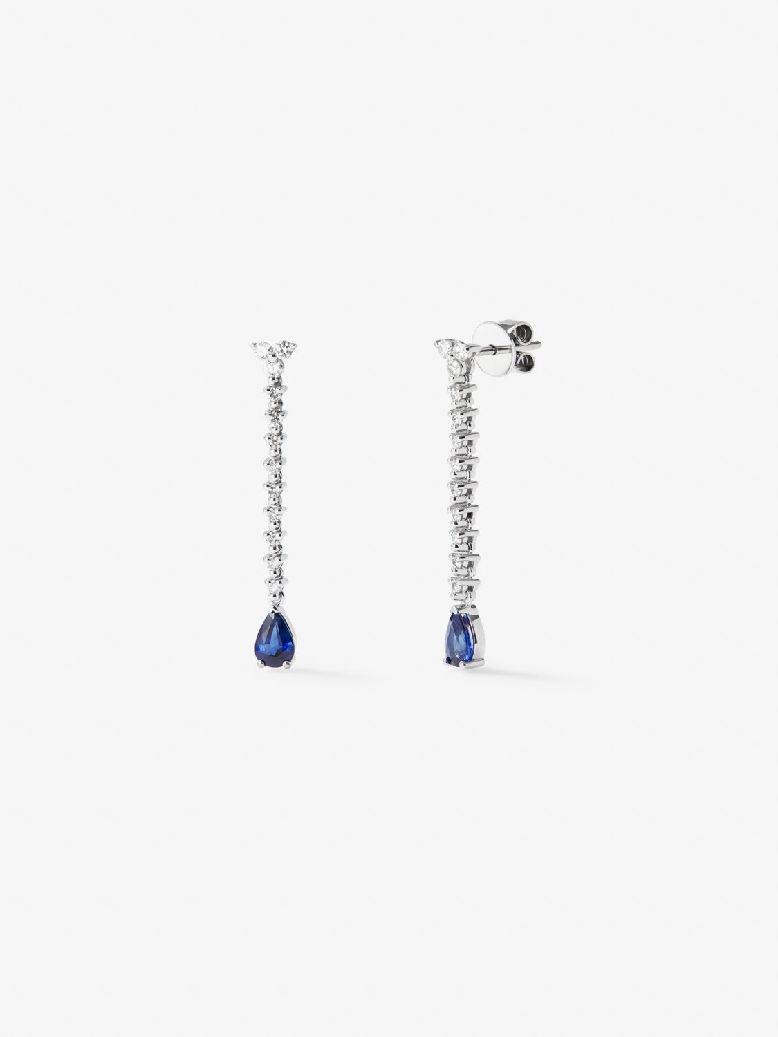 18K white gold earrings with 2 pear-cut blue sapphires with a total of 0.9 cts and 24 brilliant-cut diamonds with a total of 0.43 cts