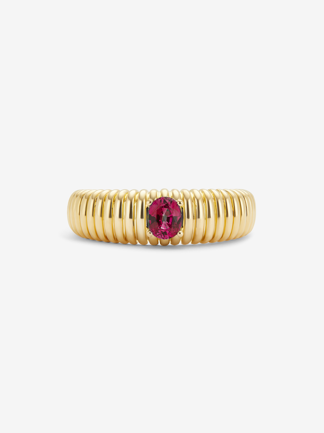 18K Yellow Gold Fluted Ring with Oval Cut Ruby