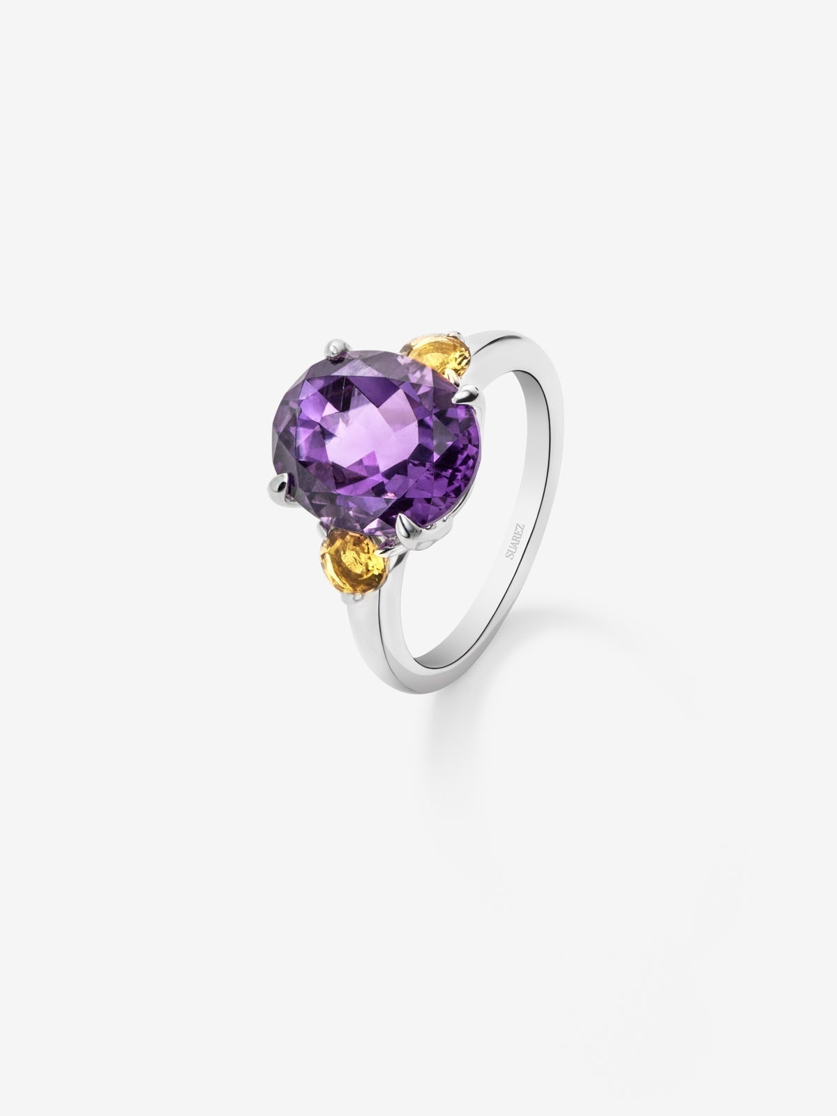 925 silver triple ring with oval-cut purple amethyst and 2 brilliant-cut citrine quartz