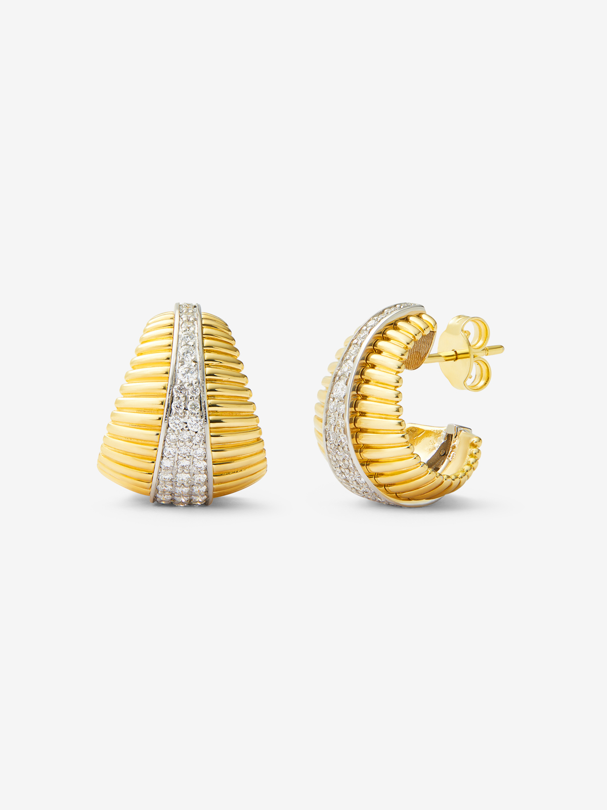 18K White and Yellow Gold Fluted Earrings with Pavé Diamonds