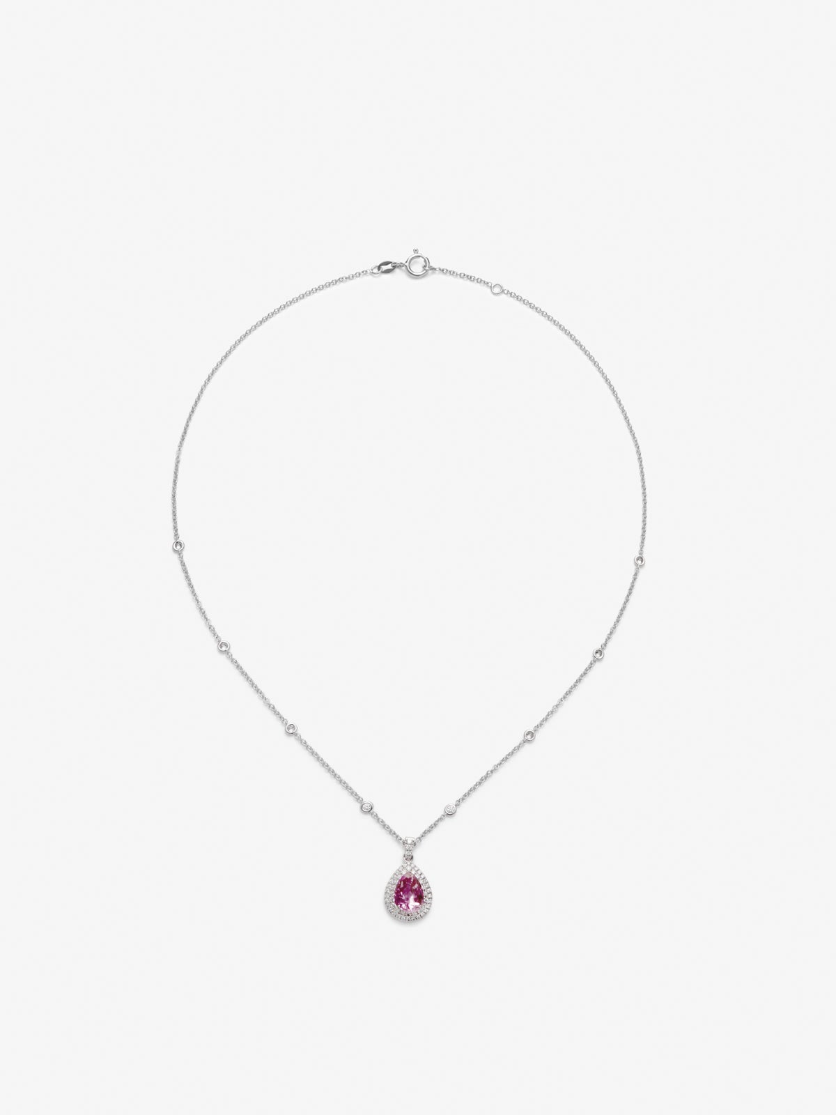 18K white gold pendant with a pear-cut vivid pink sapphire of 2.02 cts and 62 brilliant-cut diamonds with a total of 0.43 cts