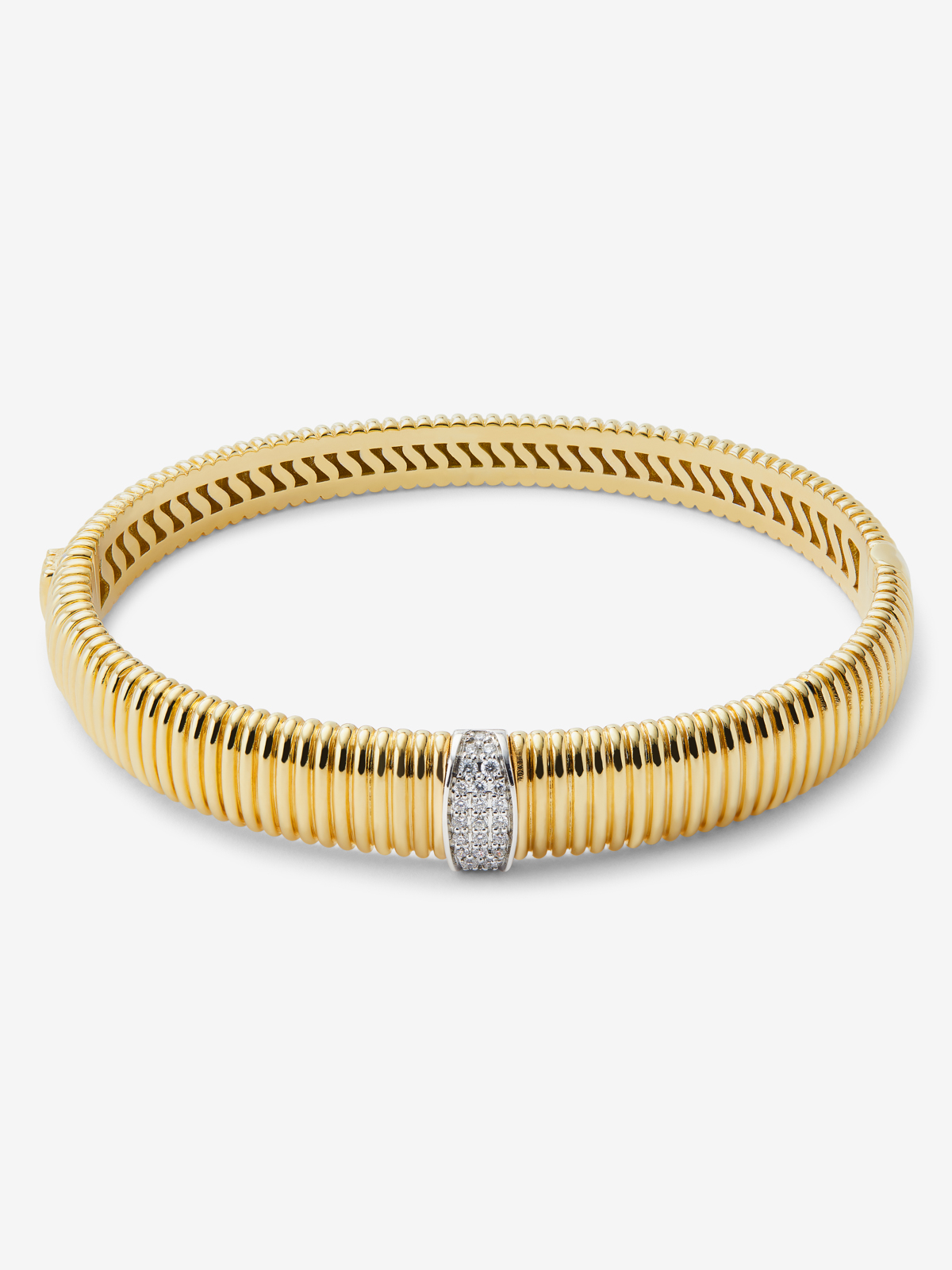 18K White and Yellow Gold Fluted Rigid Bracelet with Pavé Diamonds