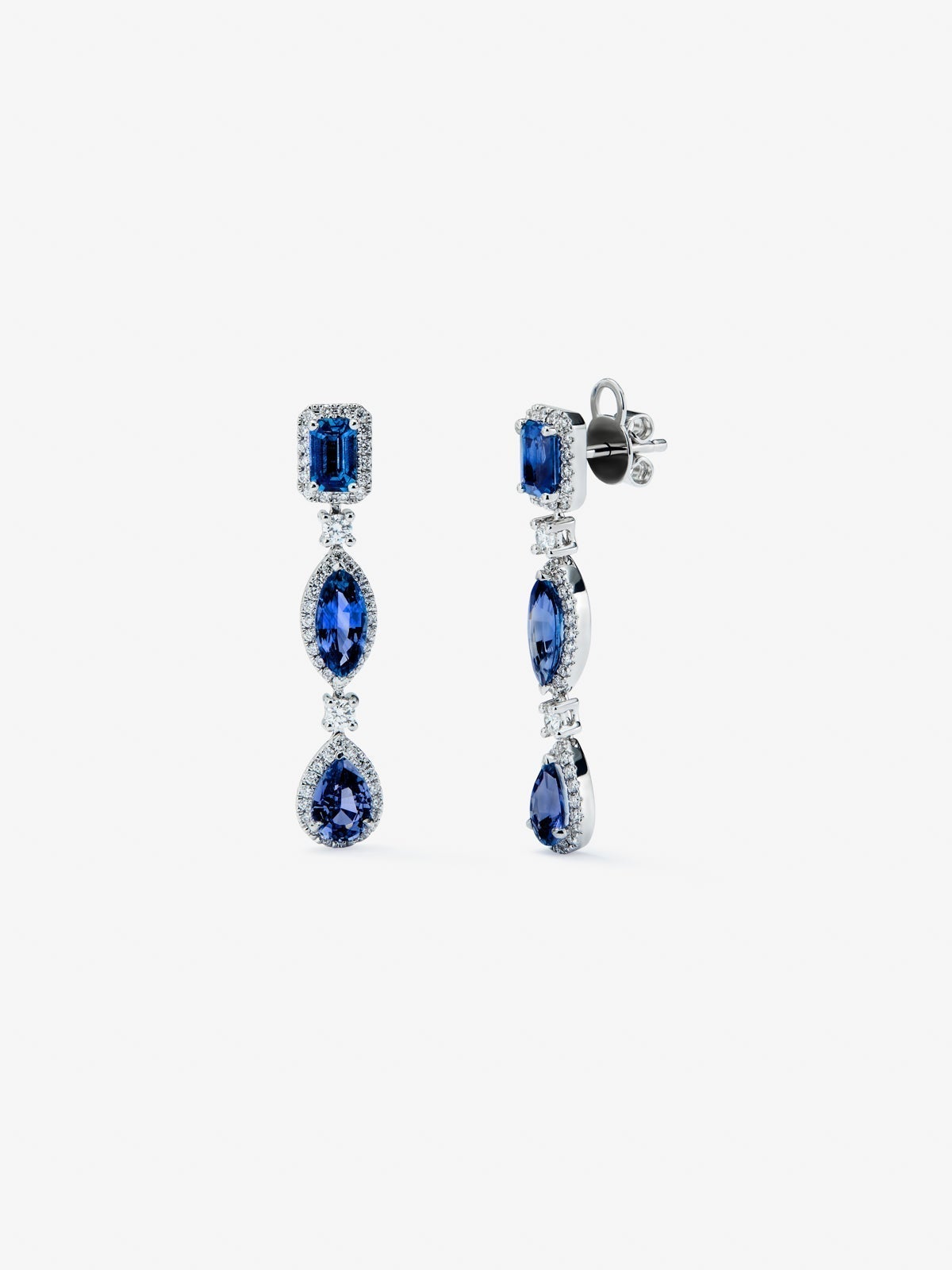 18K white gold earrings with oval-cut blue sapphires, marquise and 4.5 ct emerald and 0.67 ct brilliant-cut diamonds