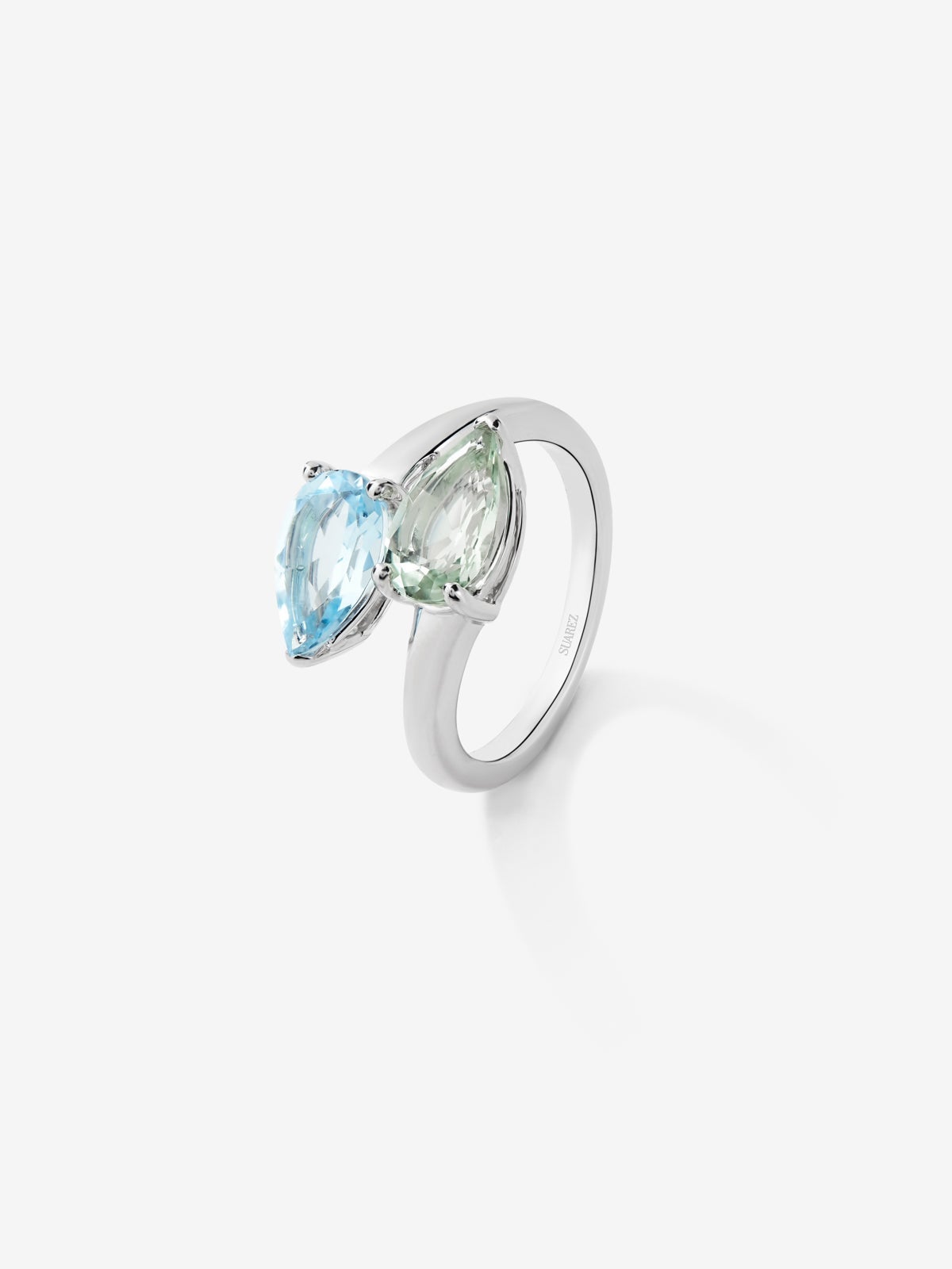 You and me ring in 925 silver with sky blue topaz and pear-cut green amethyst