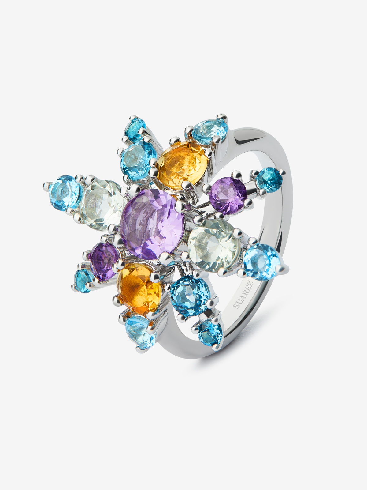 925 silver ring with amethysts, topazes and citrine quartz